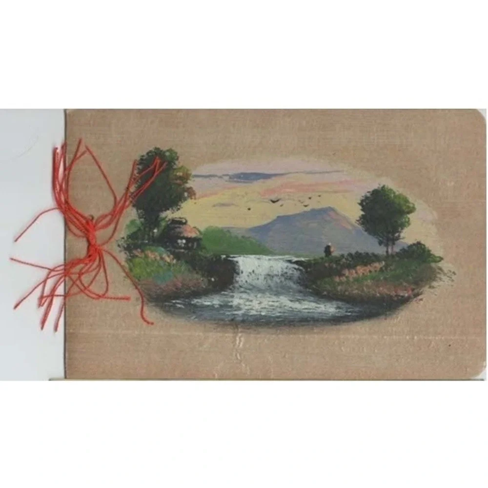 Vtg Hand Painted Christmas Card Waterfall Mountain Scene Silk Cord VG